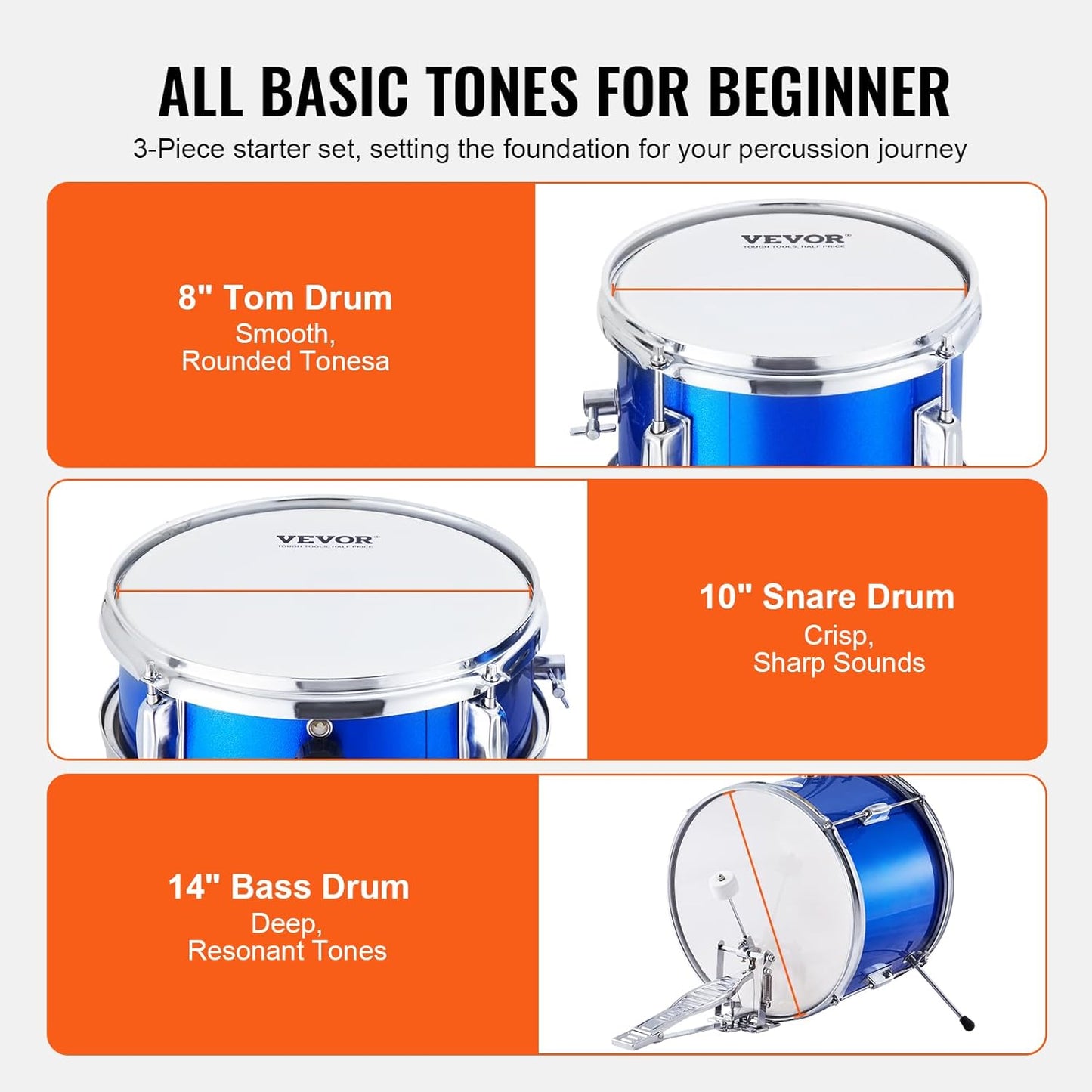 VEVOR Drum Set for Kids, 3 Pieces, Beginner Drum Set