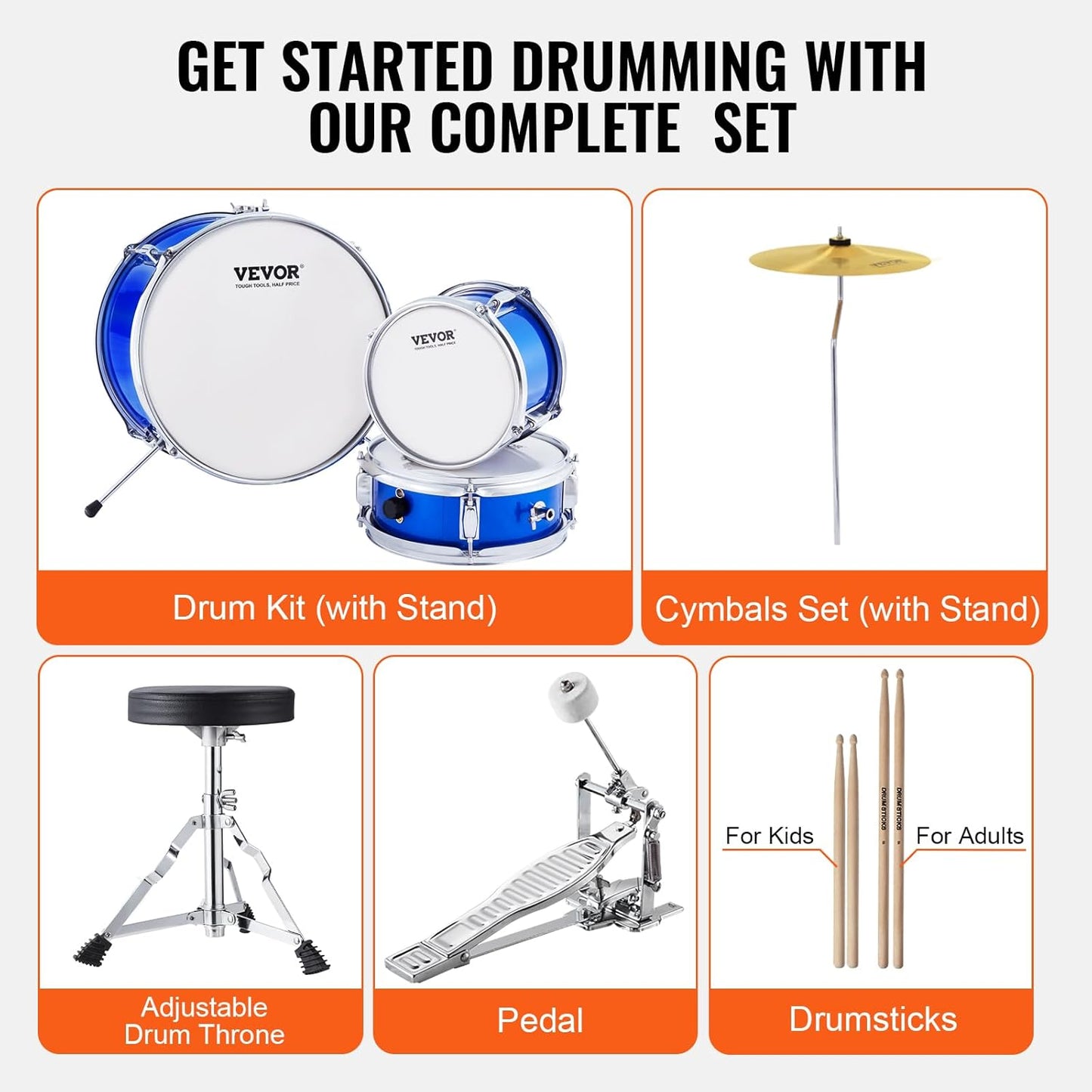 VEVOR Drum Set for Kids, 3 Pieces, Beginner Drum Set